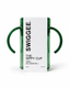 Green sippy cup with white label on a white background