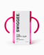 Pink sippy cup with white label on a white background